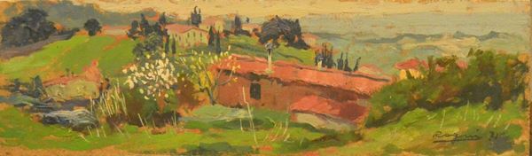 Basso Ragni   (Termoli 1921-Livorno 1979)   DALLE RAMPE DI MONTENERO   olio su masonite, cm 50x15
