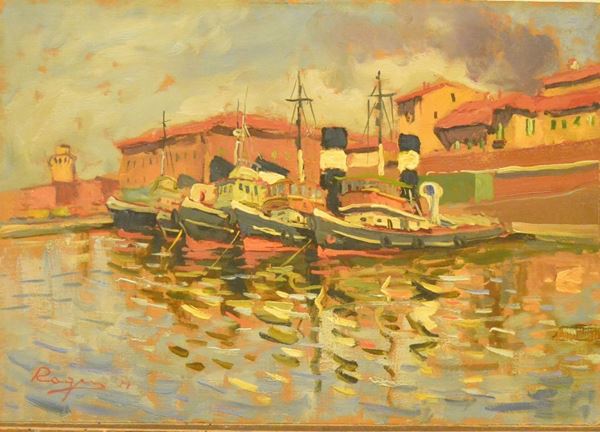 Basso Ragni   (Termoli 1921-Livorno 1979)   RIMORCHIATORI A LIVORNO   olio sucompensato, cm 35x50