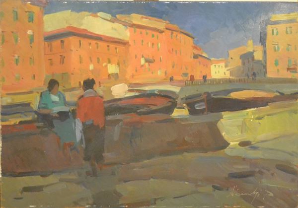 Piero Marchi   (Borgo San Lorenzo 1917)  PONTE A LIVORNO   olio su masonite, cm 50x35