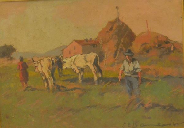 Carlo Domenici   (Livorno 1898-Portoferraio 1981)  LAVORO NEI CAMPI  olio su tavoletta, cm 35x24