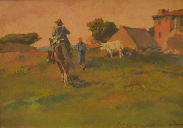 Carlo Domenici   (Livorno 1898-Portoferraio 1981)  BUTTERI olio su tavoletta, cm 35x24