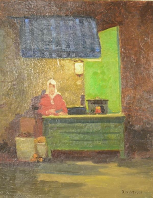 Renato Natali   (Livorno 1883-1979 )   BANCO CON FIGURA    olio su masonite, cm 45x35
