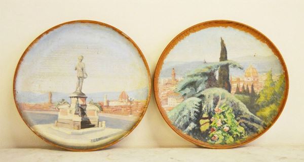 Gilberto Petrelli   (Firenze 1922)   VEDUTE DI FIRENZE   due piatti circolari in legno