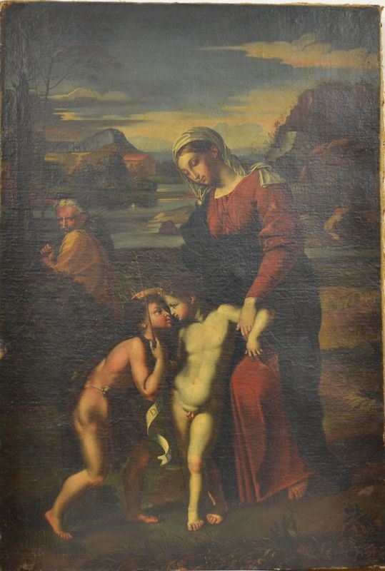 Da Raffaello  MADONNA CON BAMBINO E SAN GIOVANNINO   olio su tela, cm 110x80 circa