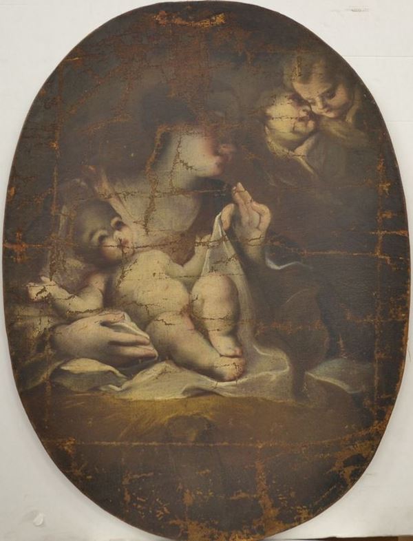Scuola genovese, sec. XVII ,   MADONNA CON BAMBINO   olio su tela ovale, senza cornice
