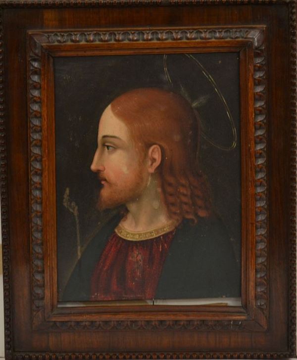 Maniera della pittura fiamminga, sec. XVIII  VOLTO DI CRISTO  olio su tavoletta, cm 24x18 circa