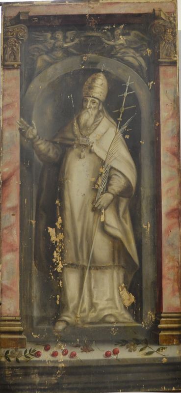 Scuola fiamminga, inizi sec. XVII,   SANTO ENTRO NICCHIA ARCHITETTONICA,   olio su tavola, cm 119x55, senza cornice