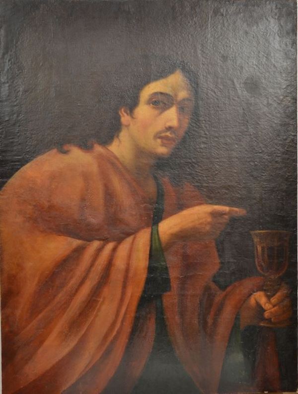 Scuola napoletana, sec. XVII,   SAN GIOVANNI EVANGELISTA   olio su tela, cm 100x80 circa, senza cornice