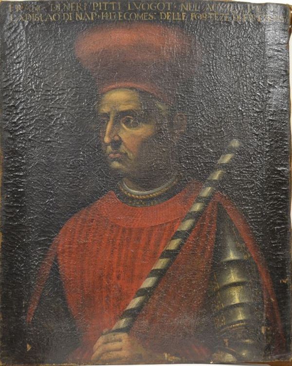 Scuola toscana, sec. XVII,   RITRATTO DI CONDOTTIERO   olio su tela, cm 70x60 circa, senza cornice