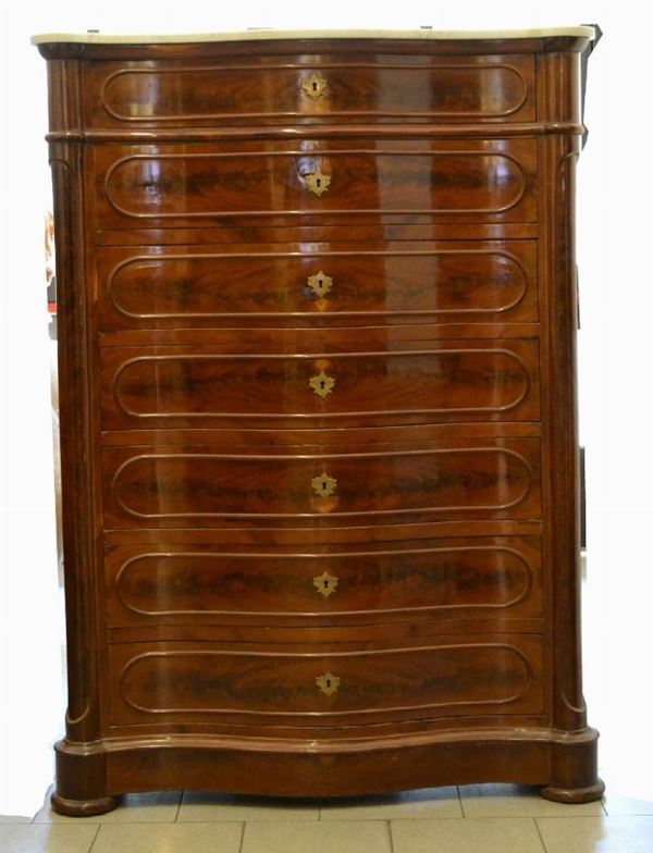 Settimanale, Livorno sec. XIX, in piuma di mogano, piano in marmo, fronte mosso, piedi circolari, cm115x48x163
