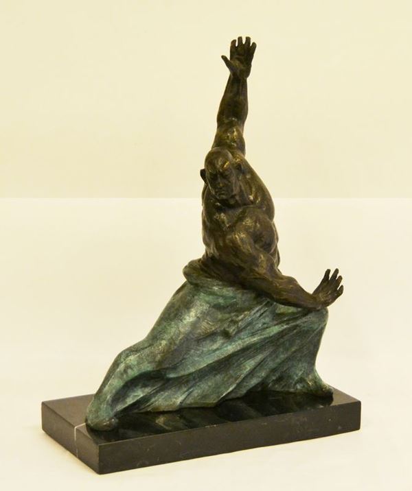 Scultura, sec. XX, in bronzo, SAMURAI, su base in marmo, alt. cm 38