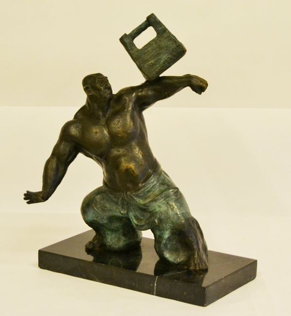 Scultura, sec. XX, in bronzo, SAMURAI, su base in marmo, alt. cm 37