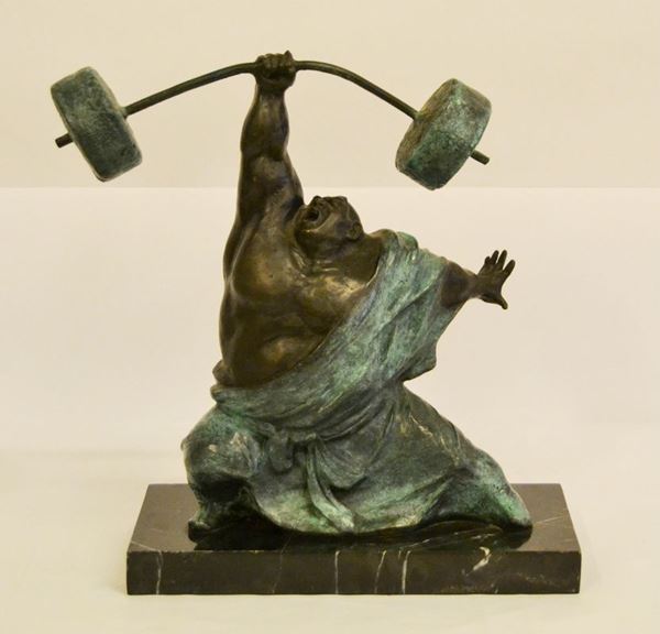 Scultura, sec. XX, in bronzo, SAMURAI, su base in marmo, alt. cm 34