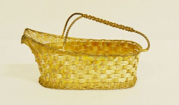 Cestino portabottiglia, sec. XX, in argento intrecciato, cm. 28x10x16, gr. 530