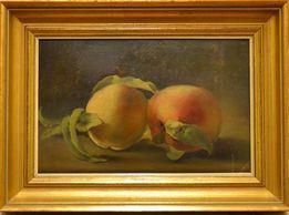Piccolo dipinto ad olio raffigurante Natura morta con frutti, cm 15x23