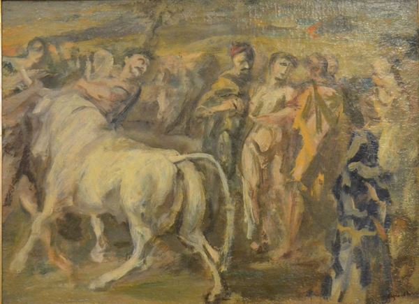 Ugo Capocchini (1901-1980)   FIGURA E TORO   olio su tela, cm 75x55  - Asta Arredi, oggetti d'arte, dipinti - Poggio Bracciolini Casa d'Aste