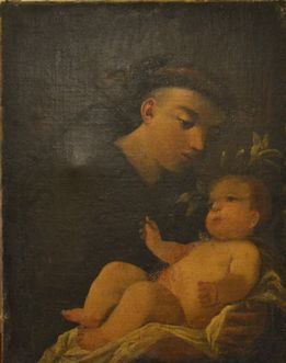 Scuola Italiana, sec. XVIII   SANTO CON BAMBINO   olio su tela, cm 50x65, difetti