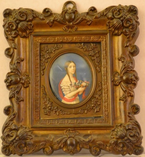 Miniatura, sec. XIX, su cartoncino raffigurante fanciulla con mazzo di fiori, cm 7,5x6 entro cornice in metallo sbalzato a volute e fiori