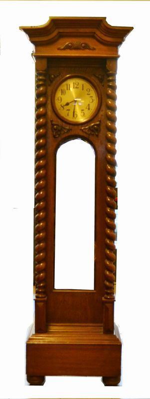 Orologio a torre, Inghilterra fine sec. XIX, fusto in legno, colonne a tortiglione, cm 64x39x220