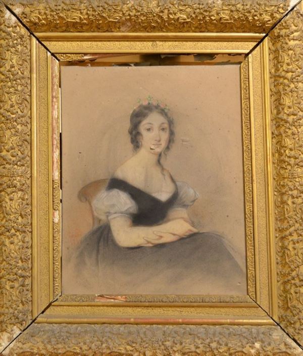 RITRATTO DI GIOVANE DONNA CON SERTO DI ROSE FRA I CAPELLI   matita nera e matite colorate su carta, cm 40x32   firmato e datato Â«Grand 1838Â», danni