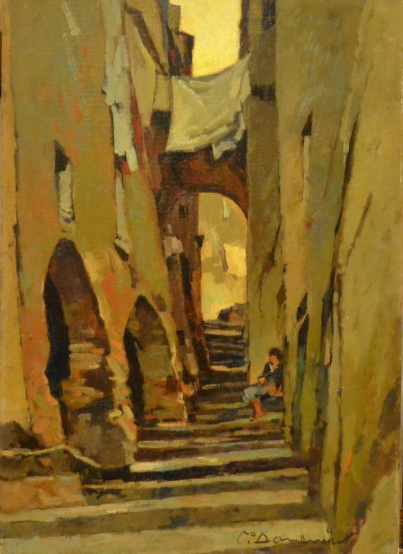 Carlo Domenici (Livorno 1897 - Portoferraio 1981)   VICOLO A CAPOLIVERI   olio su tavoletta, cm 50x70