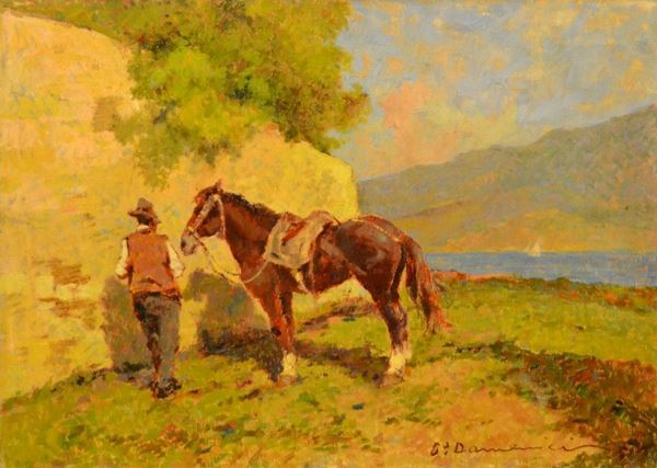 Carlo Domenici (Livorno 1897 - Portoferraio 1981)   LA SOSTA   olio su cartone, cm 70x50