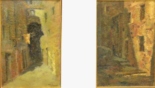 Seve Sospizio (Perugia 1908 - Senigallia 1962)   VICOLI   due dipinti, olio su cartone e olio su tavoletta, cm 20x28 (2)