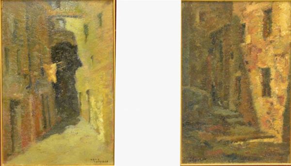 Seve Sospizio (Perugia 1908 - Senigallia 1962)   VICOLI   due dipinti, olio su cartone e olio su tavoletta, cm 20x28 (2)