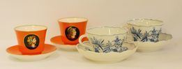 Due tazze, sec. XIX, in ceramica GINORI DOCCIA, decorate con volti, e Due tazze, sec. XIX, in ceramica MEISSEN, con decorazioni a fiori (4)