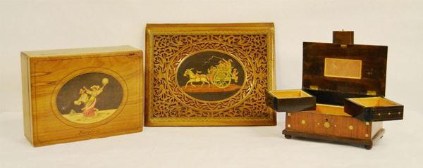 Due scatoline e un album, sec. XIX, in legno intarsiato a figure e madreperla, una scatolina con la sigla Sorrento (3)