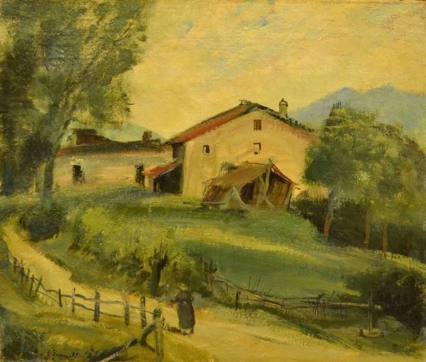 Vittorio Granchi ( Firenze 1908-1922 ) PAESAGGIO DI CAMPAGNA, olio su tela, cm 48x57