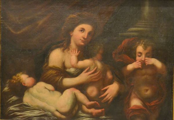Scuola italiana, sec. XVII,   MADONNA CON BAMBINO   olio su tela, cm 118x87, rintelato