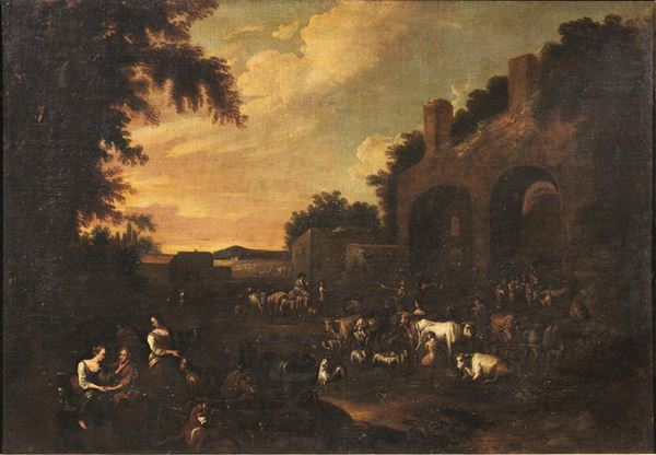 Scuola nordeuropea, secc. XVII-XVIII   CONTADINI E ARMENTI IN UN PAESAGGIO ITALIANO   olio su tela, cm 114x166