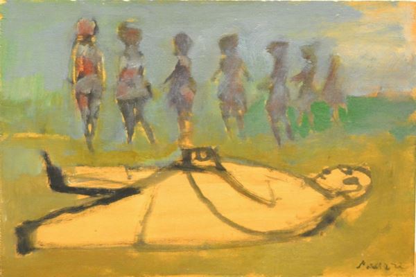 Mino Maccari (Siena 1898-Roma 1989)   FIGURE ASTRATTE,   olio su tavoletta, cm 45x30