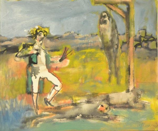 Mino Maccari (Siena 1898-Roma 1989)   IMPICCATI,   olio su tavoletta, cm 30x25