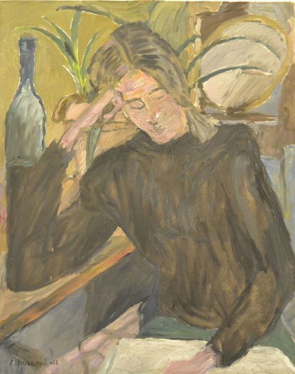 Enzo Faraoni (S. Stefano Magra 1920)   DONNA CHE LEGGE,  olio su tela, cm 40x50, datato