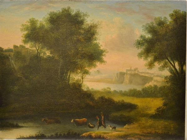 Maniera della pittura nord-europea del Settecento   PAESAGGIO FLUVIALE CON PASTORI   olio su tavola, cm 38x50,5, senza cornice