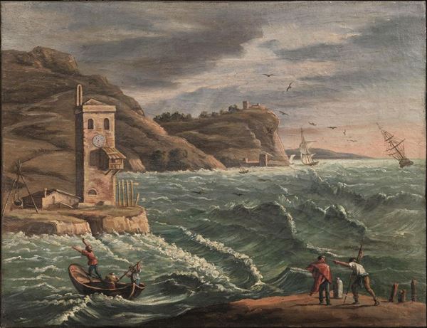 Maniera della pittura veneta del Settecento   VEDUTA DI PORTO CON IL MARE IN TEMPESTA    PAESAGGIO CAMPESTRE CON PASTORELLI E ARMENTI SUL FIUME   PAESAGGIO CAMPESTRE CON TORRENTE   CONTADINI E BORGO SULLO SFONDO    VEDUTA DI PORTO CON VELIERI E MERCANTI   quattro dipinti ad olio su tela, cm 35x45,5; cm 32x42,5  al recto siglati (4)