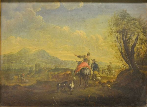 Scuola olandese, sec. XIX   PAESAGGIO ITALIANIZZANTE CON PASTORI   olio su tela, cm 59x80