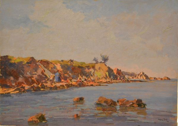Angiolo Volpe (Livorno 1943)   MARINA,    olio su tavoletta, cm 70x50