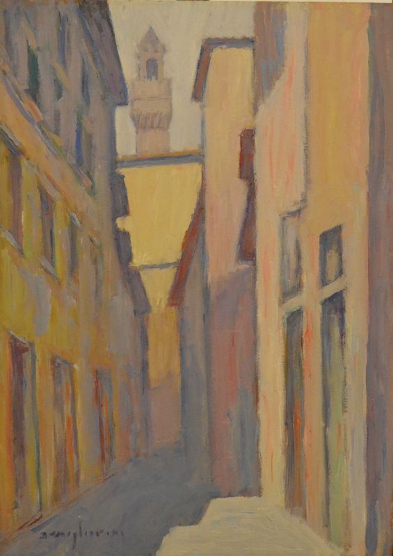 Dino Migliorini (Rignano 1907-Contea 2005)  VICOLO,   olio su compensato, cm 70x50