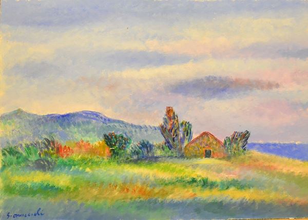 Giovanni Omiccioli (Roma 1901-1975)  COLLINA A PRATICA DI MARE  olio su cartone, cm 36x50