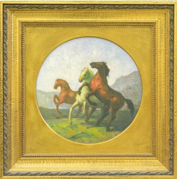 Vincenzo Vincinguerra (Caccamo 1922)   CAVALLI   olio su masonite, diam. cm 30