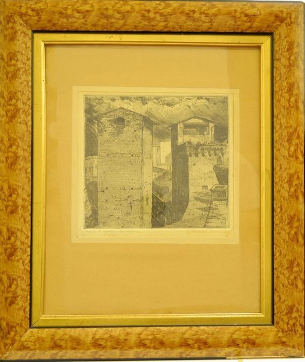 Filippo Marfori Savini   TORRI DI SAN APOSTOLI E LAMBERTESCA   acquaforte, cm 20,5x22,5; es. 27/30   firmato, titolato e numerato