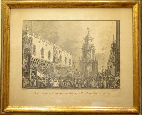 Giovanni Battista Brustolon   FESTA DEL GIOVEDI GRASSO A VENEZIA   acquaforte, cm 45x58   Edizione Battaggia (molto tarda 1833)