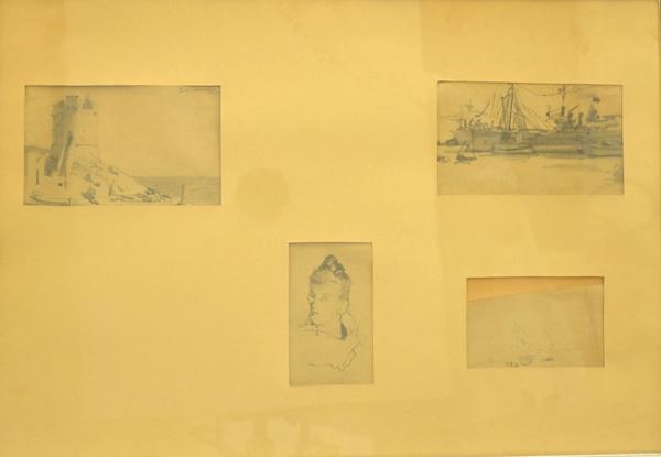 Scuola toscana, fine sec. XIX-inizi sec. XX   QUATTRO STUDI   matita su carta, cm 8x13, cm 10x5,5, cm 8x13, cm 6x10   entro un'unica cornice