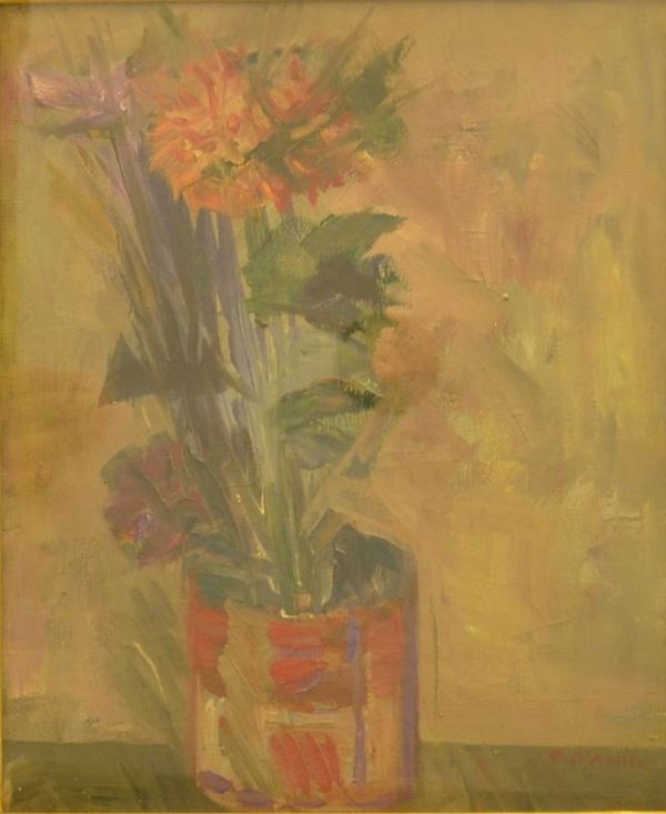 A firma G. D'Amico   VASO DI FIORI   olio su tela, cm 30x25, firmato