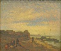 Vincenzo Vinciguerra (Caccamo 1922)  MARINA CON PESCATORI  olio su tavoletta, cm 30x25