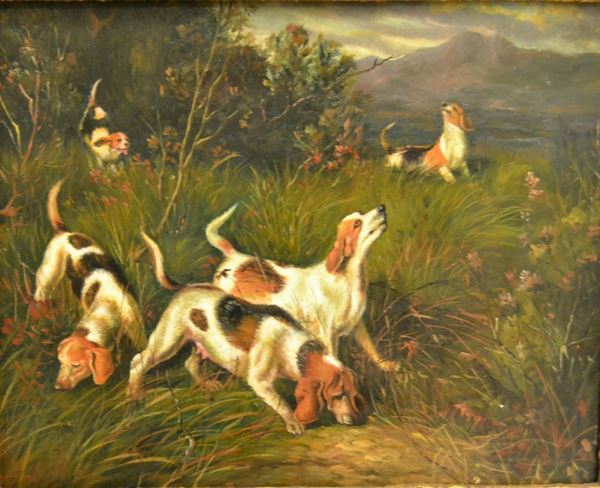 Scuola, sec. XX  CANI DA CACCIA  olio su tavola, cm 30x23
