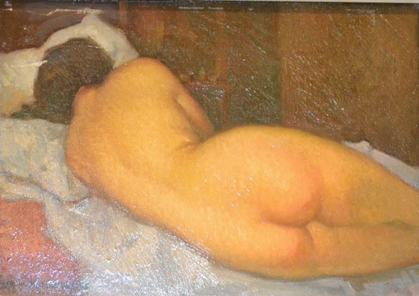 Vincenzo Vinciguerra (Caccamo 1922)  NUDO DI DONNA DISTESA  olio su cartone telato, cm 30x40